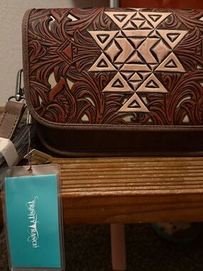 Trinity Ranch Tooled Leather crossbody Bag in Brown and Tan